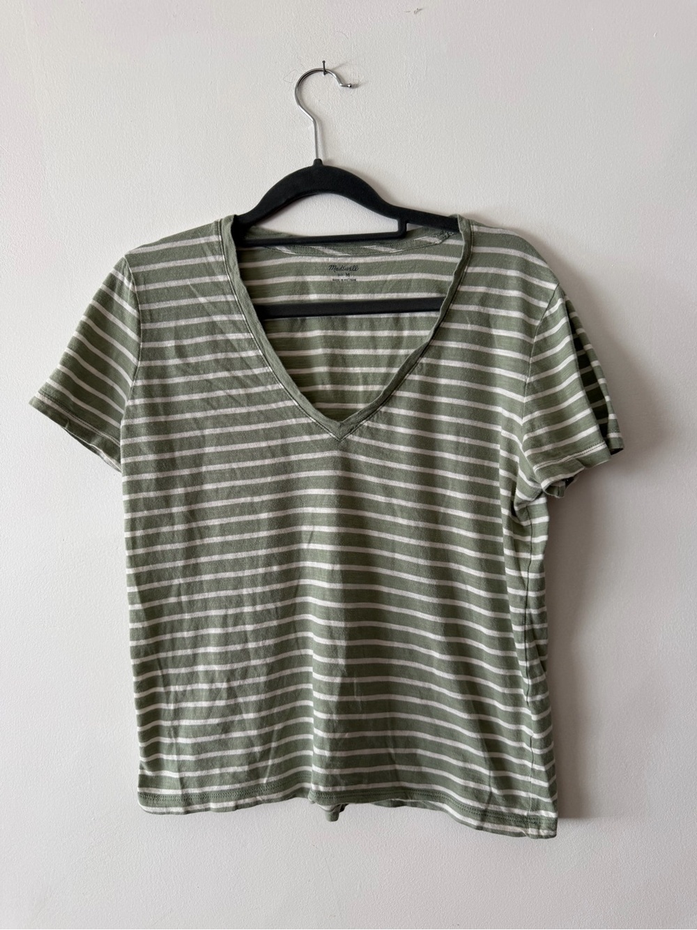 Madewell Sage Green & White Striped V-Neck Tee M